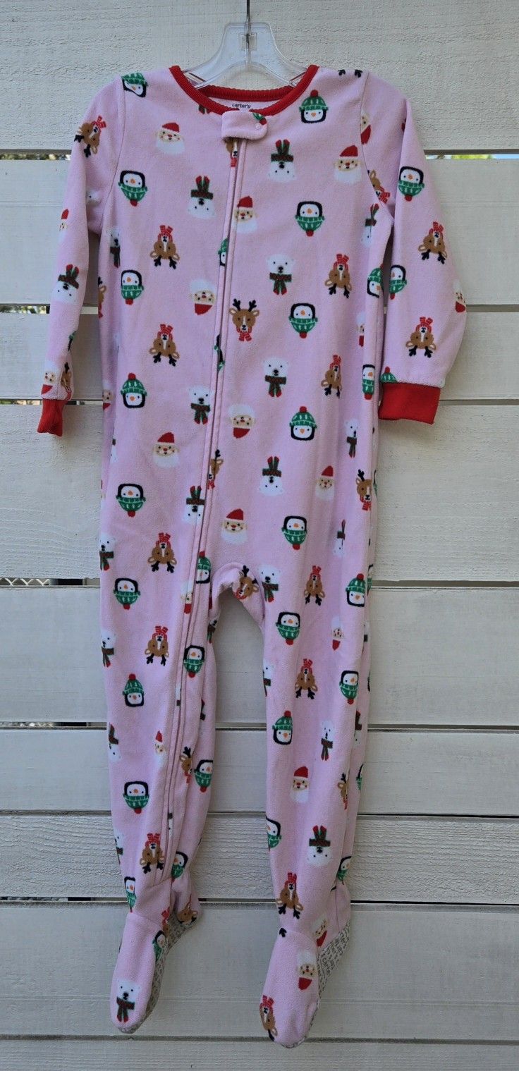 Carter's Christmas Pajamas Toddler Girls Pink Holiday Santa Fleece Footed 4T PJs