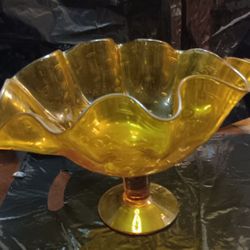 Vintage Glass Art Pedestal Amber Dish Bowl with Ruffle Edges 