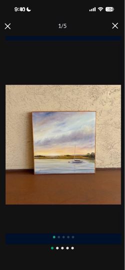 One Original Beautiful Painting Landscape Boat Bay Ocean with Wood Frame