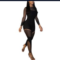 Women's Black Jumpsuit Sexy Bodycon Mesh Hollow Out One Piece Fashion See Through Overalls