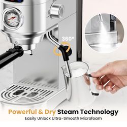 Espresso Machine 20 Bar, Compact Espresso Coffee Machine with Milk Frother, Stainless Steel Coffee Maker with 34oz Removable Water Tank, Cappuccino Ma