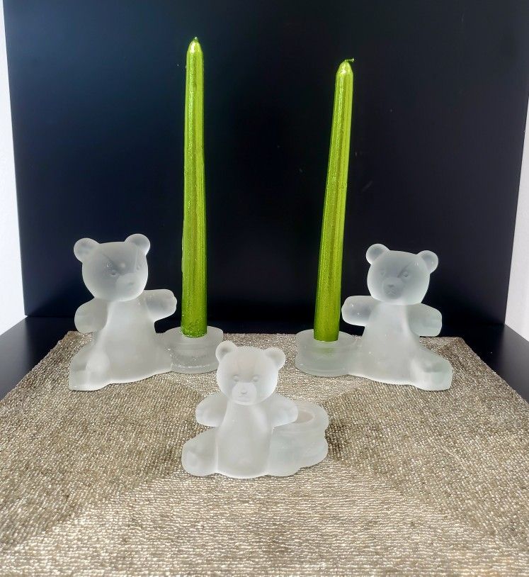 Three Frosted Glass Teddy Bear Christmas Candle Holder. Adorable Collectible T. Bears & Candle Holder Made in Taiwan From Frosted Glass / Miami 33182
