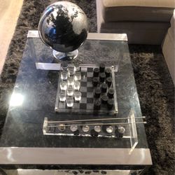 Metal globe, lucite checkers, and ball game 