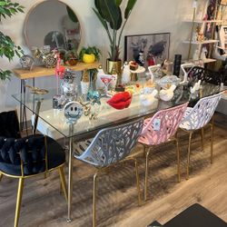 Large Clear Glass Dining Table For 6 People With Gold Legs