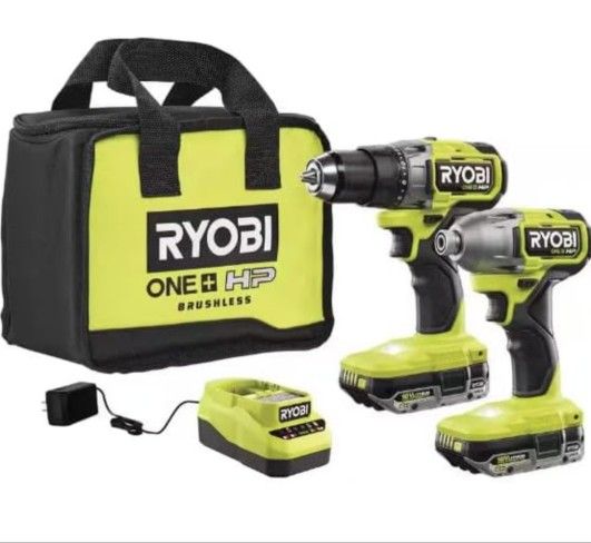 ONE+ HP Kit combinado inalámbrico sin escobillas de 18 V con taladro de 1/2 pulgada, destornillador de impacto de 1/4 pulgadas (2) baterías de 2.0 Ah,