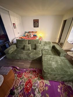 Green Corduroy Sectional Sofa with Chaise