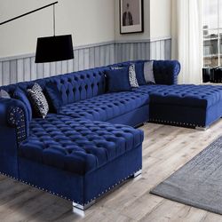 Larry Velvet Navy Double Chaise Sectional /couch 