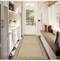2x10 Runner Rug for Hallway Washable Kitchen Rugs Non Slip Solid Tan Jute Digital Printing Modern Soft Low-Pile Rugs for Entryway Laundry Room Floor M