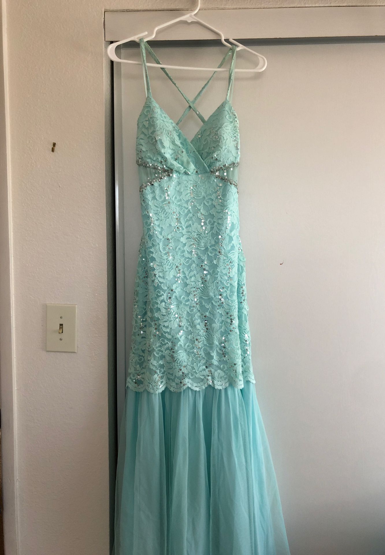 Mint lace open back prom dress