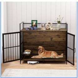 Dog Cage Furniture with Rotating Feeder Bowls, Dog Kennel Indoor with Cushion, Dog Crates for Large Dogs, 48" L X 30" W 43" H, Rustic Brown
