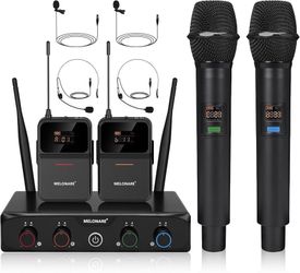 MELONARE 4-Channel Wireless Microphone System,UHF Cordless Mic Set w/ 4x10 Frequencies, 200ft, 2 Handheld Dynamic Mics, 2 Bodypacks & Headset/Lapel Mi