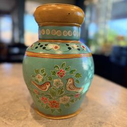 🌿 Hand-Painted Floral Bird Metal Vase – Decorative Folk Art Style – 12” Tall 