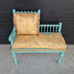 Vintage Blue And Gold Bench Settee With Beautiful Floral Cushions