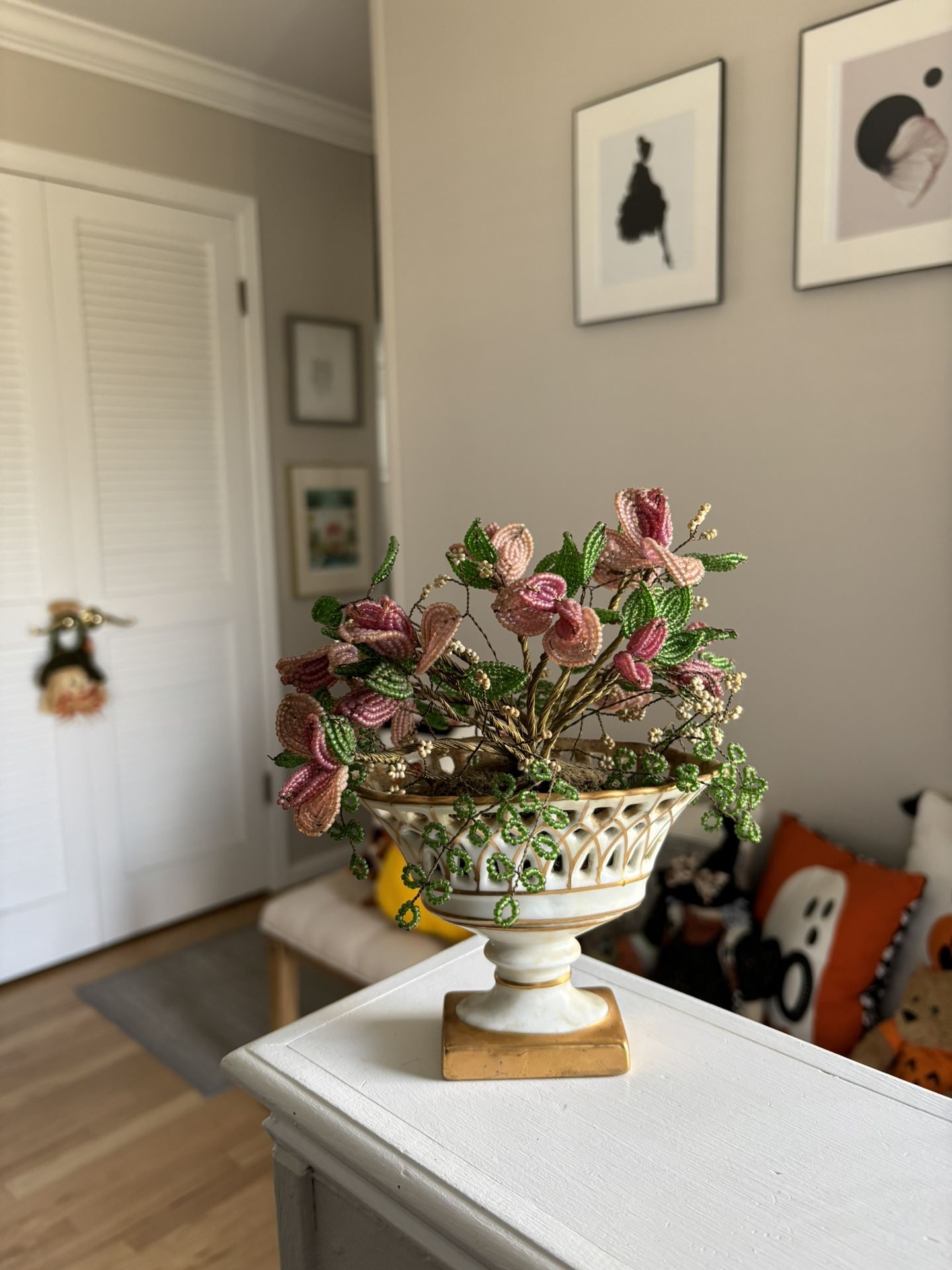 Vintage Beaded Flower Arrangement in Ceramic Vase 