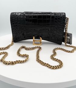 Authentic Balenciaga Hourglass Black Patent Croc Clutch Bag