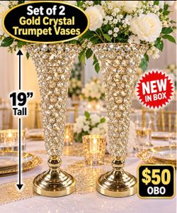 Gold Crystal Trumpet Vases – 19” Tall – Set of 2