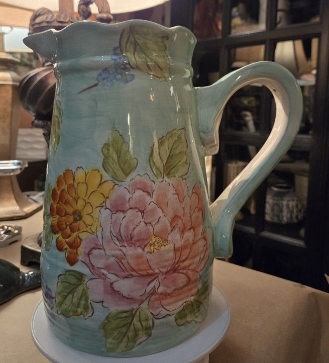 Bohemian floral extra large hand painted pitcher