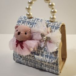 Tweed Crossbody Bag Little Girl's Cute Toy Mini Purse Lt Blue w/ Pink Bear & Bow