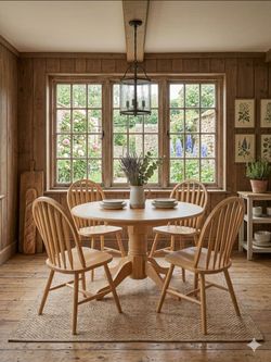 Vintage yellow oak style dining table and/or chairs set spindle back classic boho farmhouse country cottage