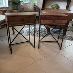 PAIR - Modern Industrial Driftwood Style End Tables With Drawer