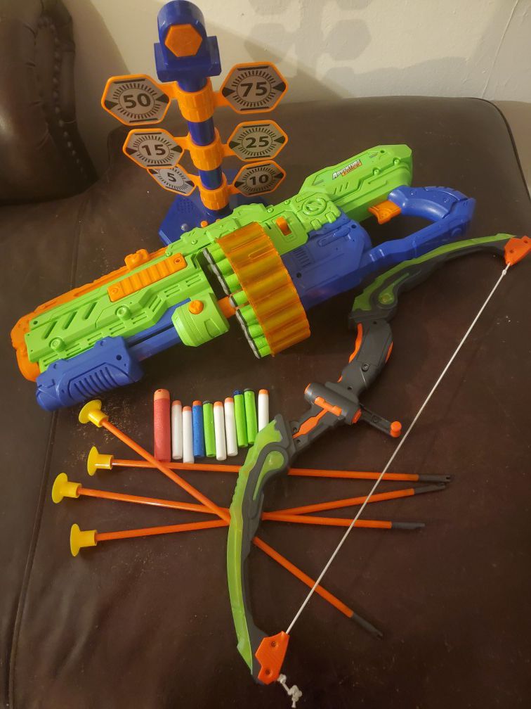 Nerf gun,target,bow and arrow