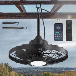 20 in. Outdoor Black Ceiling Fan with lights, IP65 Waterproof Hanging Fan with Remote Control Smart App for Patio Porch