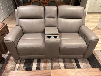 Gray Leather Power Recliner Loveseat with Console