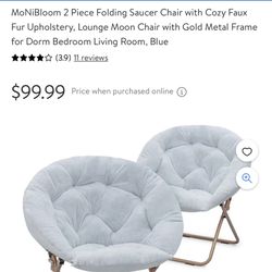  2 Piece Folding Saucer Chair with Cozy Faux Fur Upholstery, Lounge Moon Chair with Gold Metal Frame for Dorm Bedroom Living Room, Blue