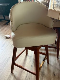 1-Cream Leather Bar Stool with Nailhead Trim