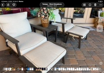 Patio Lounge Set: 2 Motion Chairs, 2 Ottomans, and Side Table with Cushions