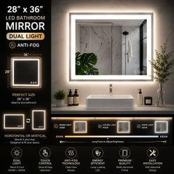 28"X36" Anti-fog LED Bathroom Mirror with Dual Light Source and Three Lighting Modes, White.