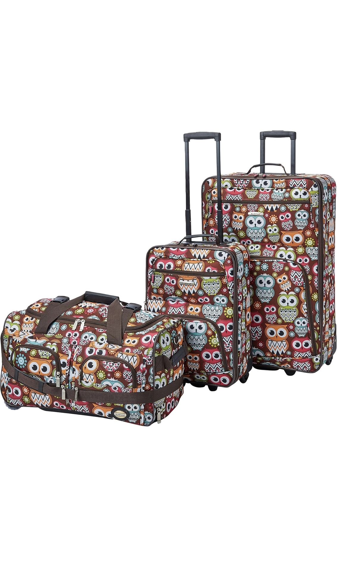 Rockland Vara Softside 3-Piece Upright Luggage Set,Expandable, Owl, 20 inch,22 inch,28 inch