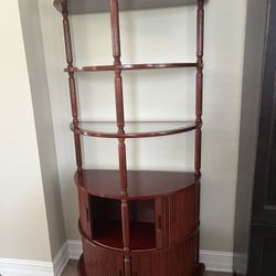 Midcentury half moon cherry wood curio cabinet