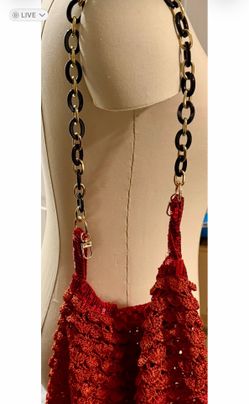 Handmade Red Shag Frill Crochet Shoulder Bag - Tortoise & Gold Chain Link