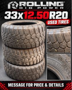 3 Rolling Big Power Tires – 33x12.50R20 – $100 Total