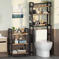 6-Tier Over The Toilet Storage Shelf with Cart, Freestanding Above Toilet Shelf Rack, Farmhouse Bathroom Organizer Shelves, Space Saver (Brown)