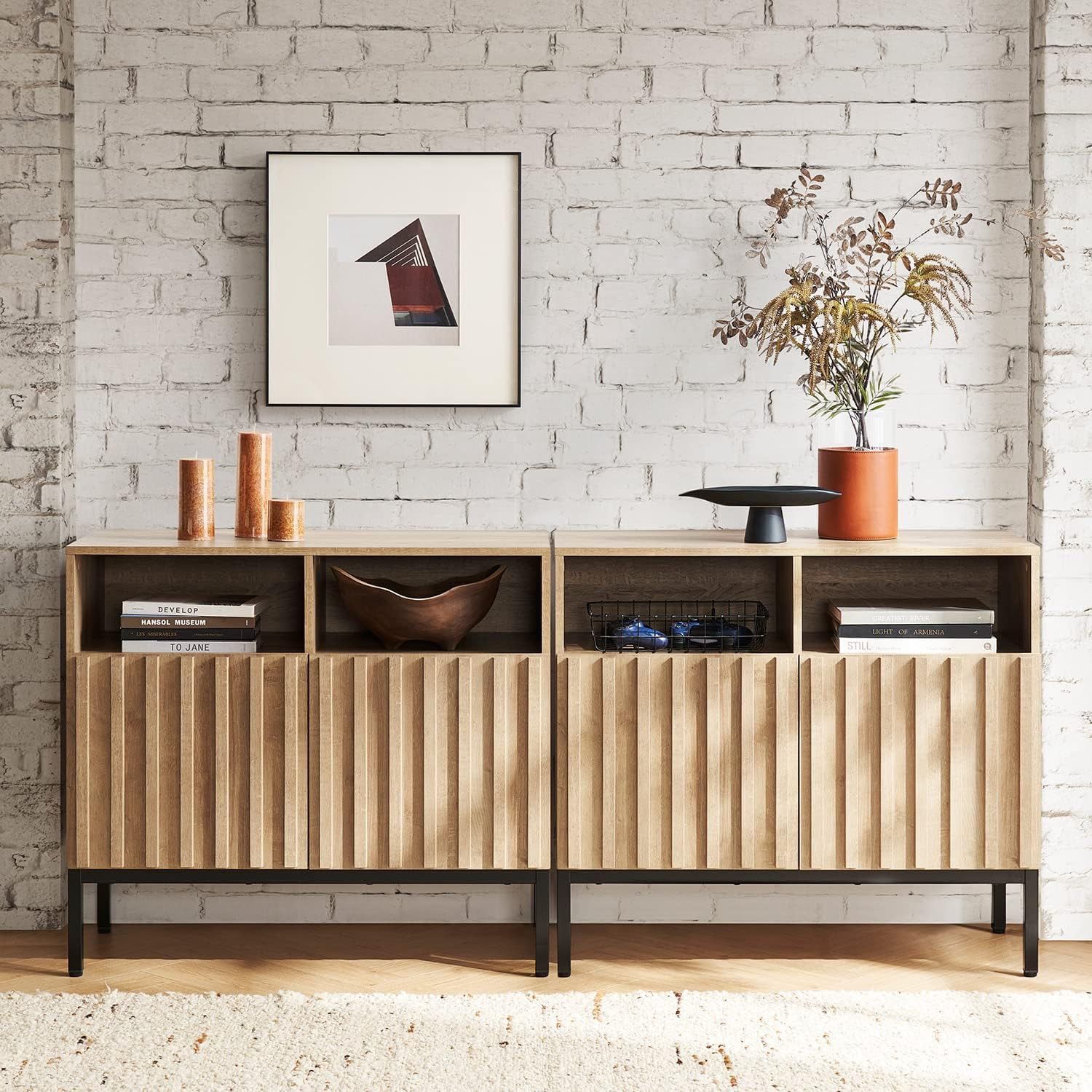 mopio Norwin Storage Cabinet, Sturdy Modern Rustic Industrial Buffet Sideboard, Fluted Accent Storage Cabinets, Credenza, Oak Wood TV Stand, Entertain
