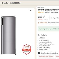 LG 6 Cu Ft Refrigerator 