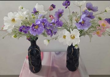 *** NEW LOW PRICE *** 15in Blue Ceramic Vases w Faux Poppies/Coreopsis ($40 EACH) @ Lasting Creations