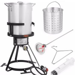 30Qt Turkey Deep Fryer Deluxe Aluminum 37,000 BTU Outdoor Boiler Roaster Clam Bake Crawfish Pot Boiling Lid Seafood Cajun Gas Stove Burner Stand Injec