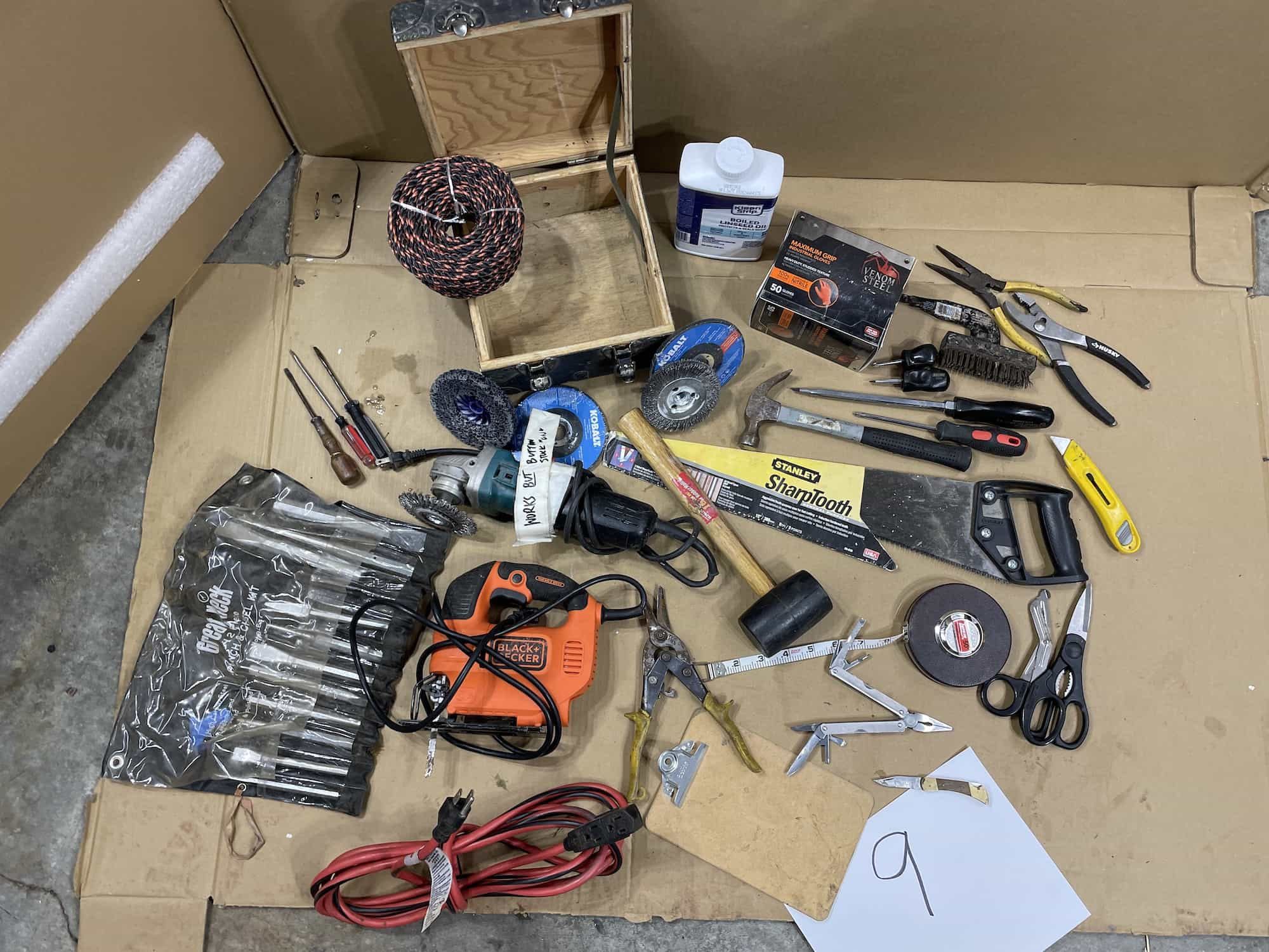 $50 - Tools GRAB BAG #9 : Twisted nylon rope, Venom Steel Unopened Box shop gloves, grinder, metal chisels, jigsaw & More