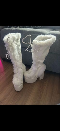 White Faux Fur Platform Knee-High Boots