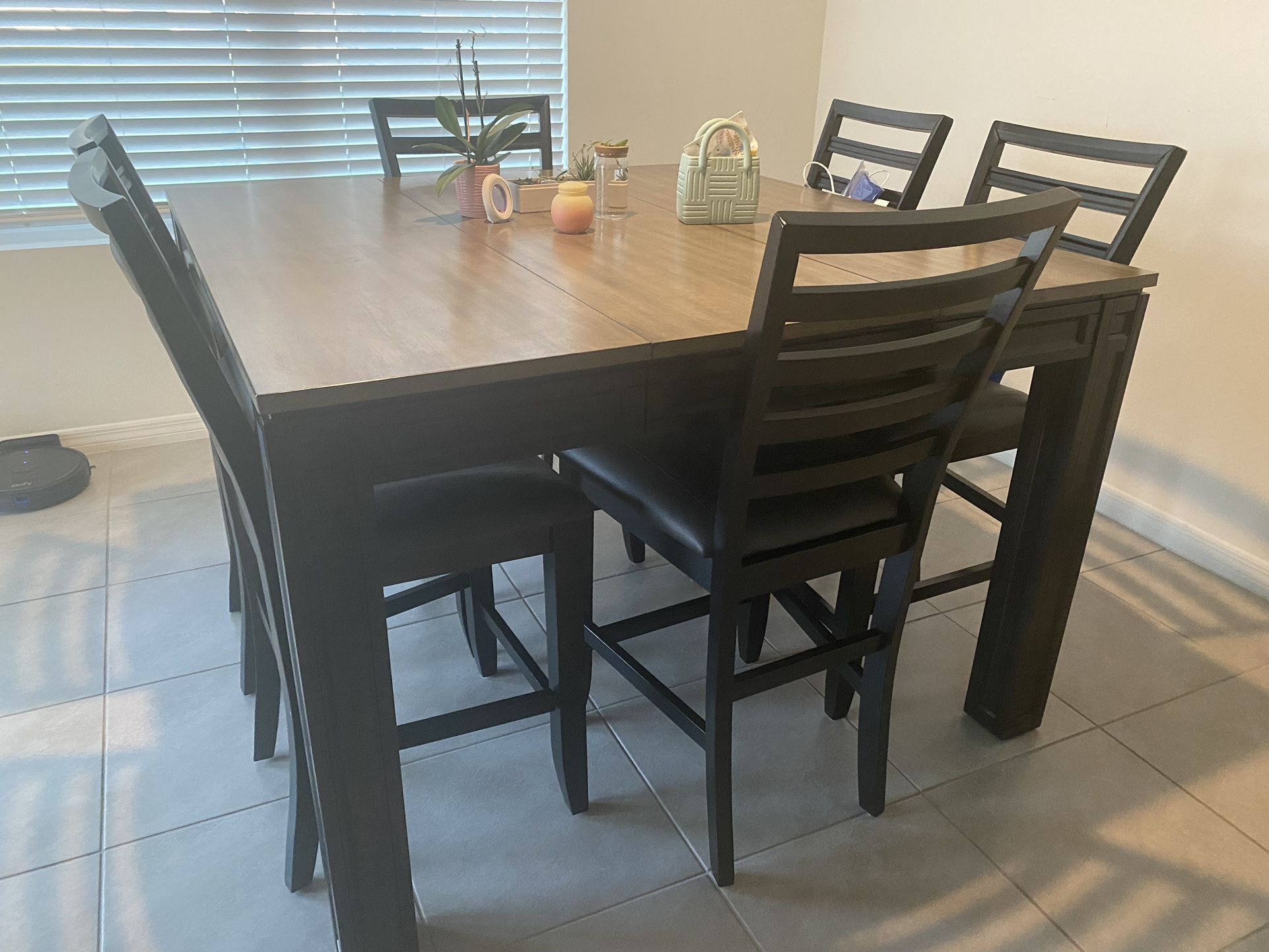 High Top Gray And Dark Wood Table With 6 Chairs