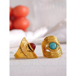 Boho Vintage Gold Ring, Natural Gemstone Adjustable Ring