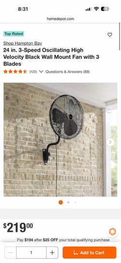 Shop Hampton Bay. 24 in. 3-Speed Oscillating High Velocity Black Wall Mount Fan with 3 Blades