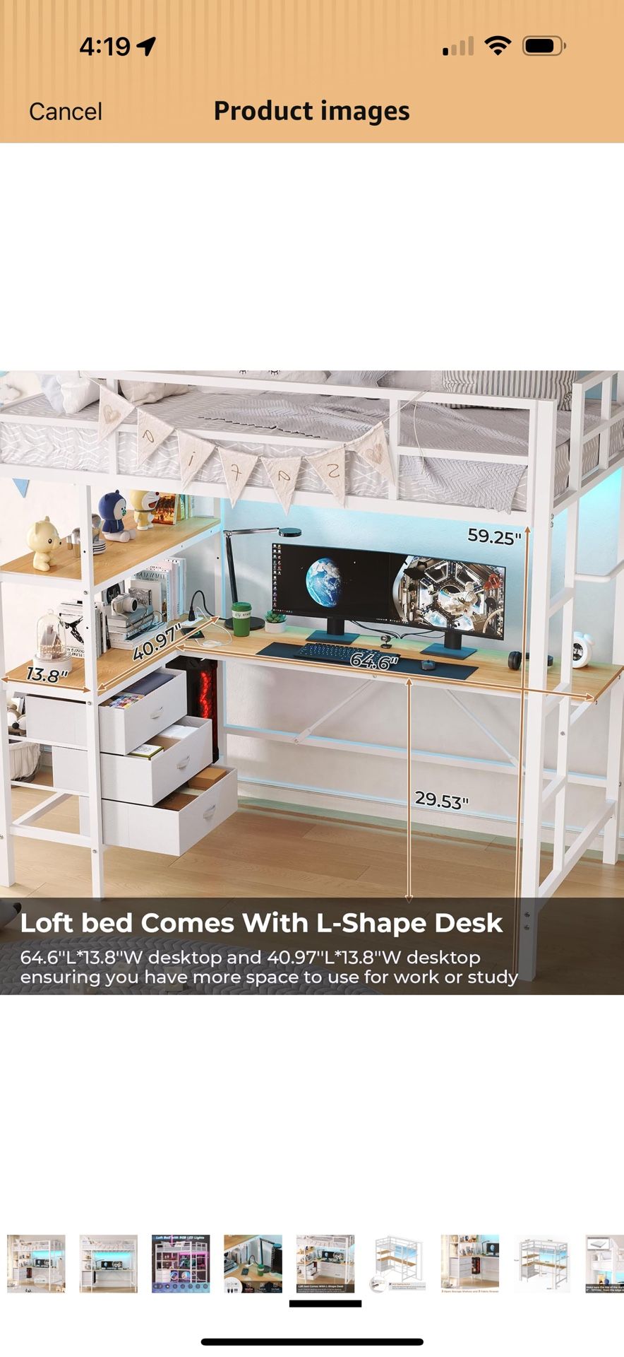 Twin Loft Bed with L-Shaped Desk, LED Lights