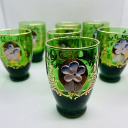 Vintage Green Shot/cordial Glasses W/ Hand painting 
