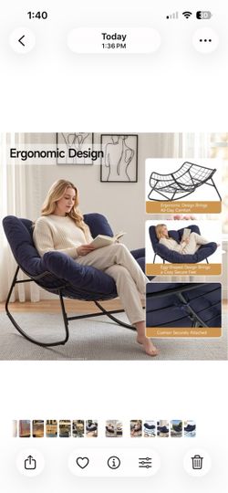 Oversized Papasan Rocking Chair, Indoor Outdoor Rocking Chair Patio Egg Chair with Cushion, Heavy Duty Steel Papasan Rocker Lounge Chair for Porch Bal