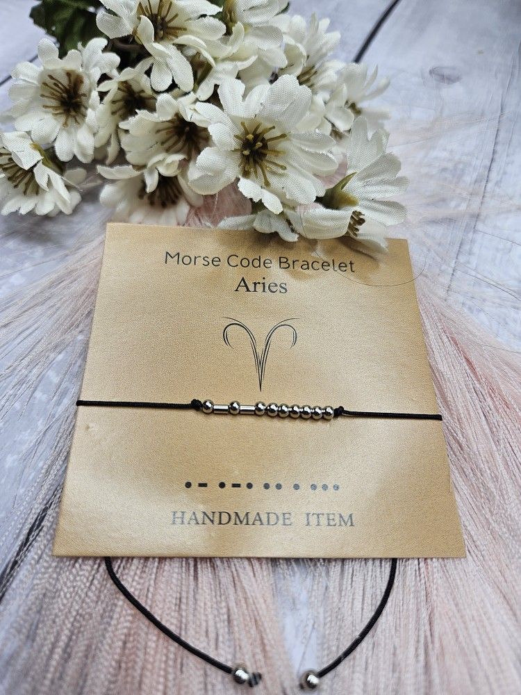 Aries Morse Code Horoscope Zodiac Letter Card Friendship adjustable Bracelet anklet March 21 to April 19 silver black approximately adjusts from 6.3 i