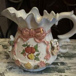 Vintage LusterWare Porcelain Creamer Pitcher w/ Floral Pink Ribbon Design like new 
